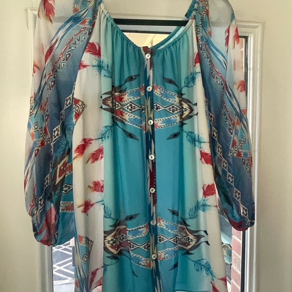 Vibrant A-Line Skirt and Blouse Set in Turquoise and Red - Picture 3 of 11